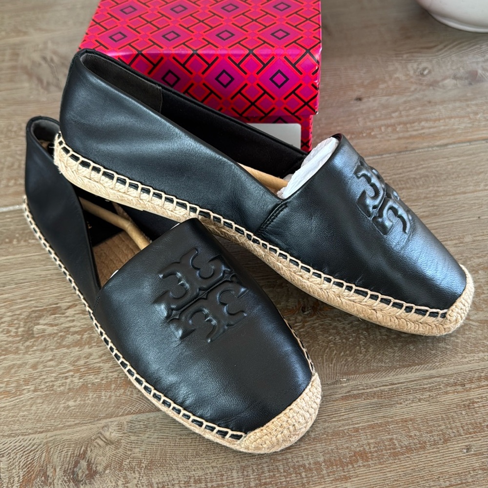 TORY BURCH EVERLY LEATHER ESPADRILLE Black 7.5 NEW NIB